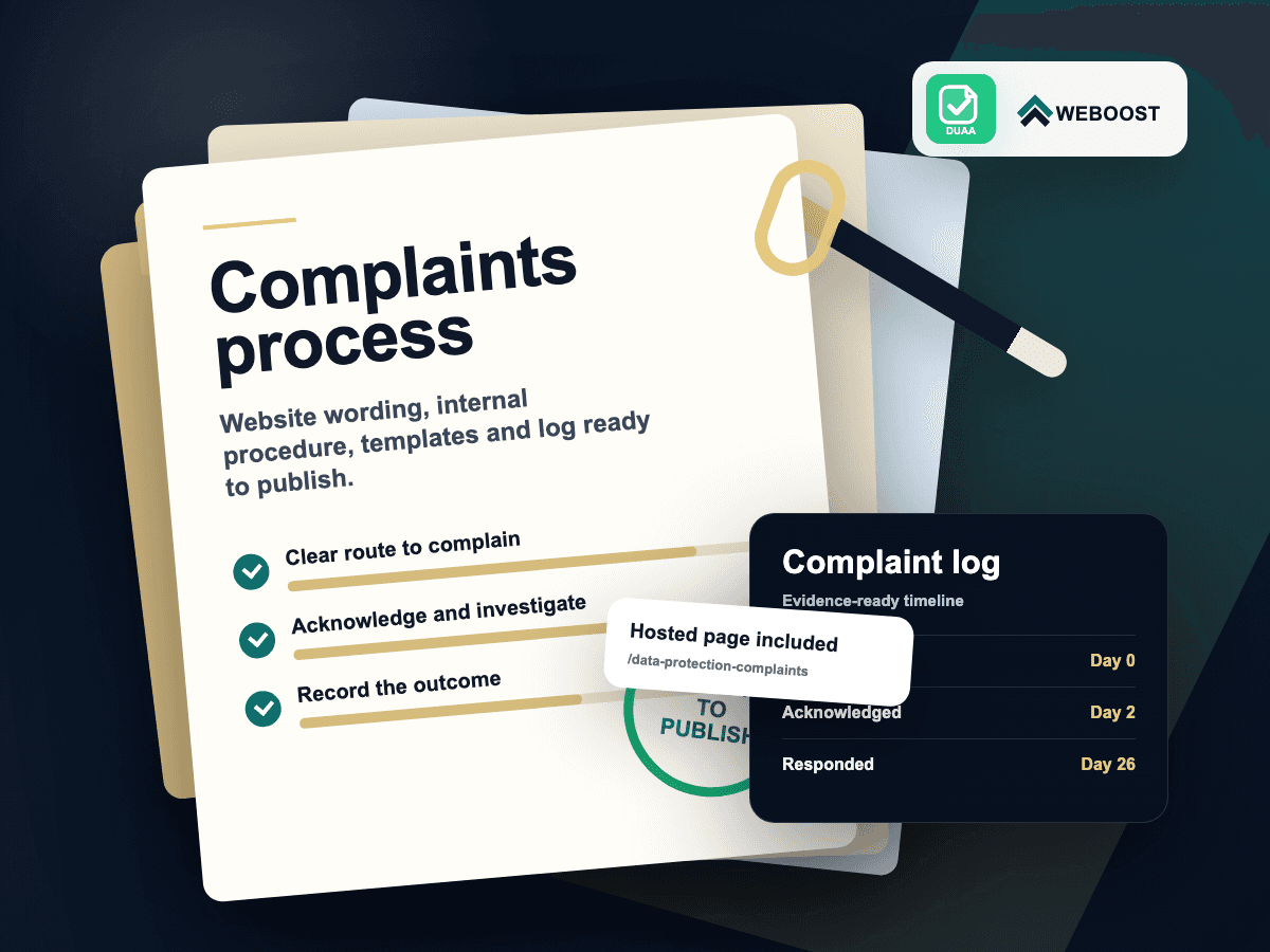 DUAA complaints process pack with website wording, hosted page, complaint log, and WeBoost branding