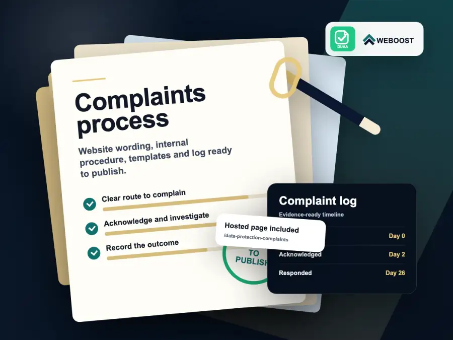 DUAA complaints process pack with website wording, hosted page, complaint log, and WeBoost branding